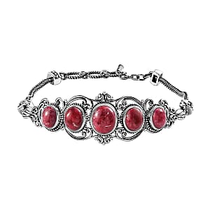 Norwegian Thulite Bracelet, Sterling Silver Bracelet, Five Stone Bracelet, Filigree Bracelet (7.25 In) 17.35 ctw