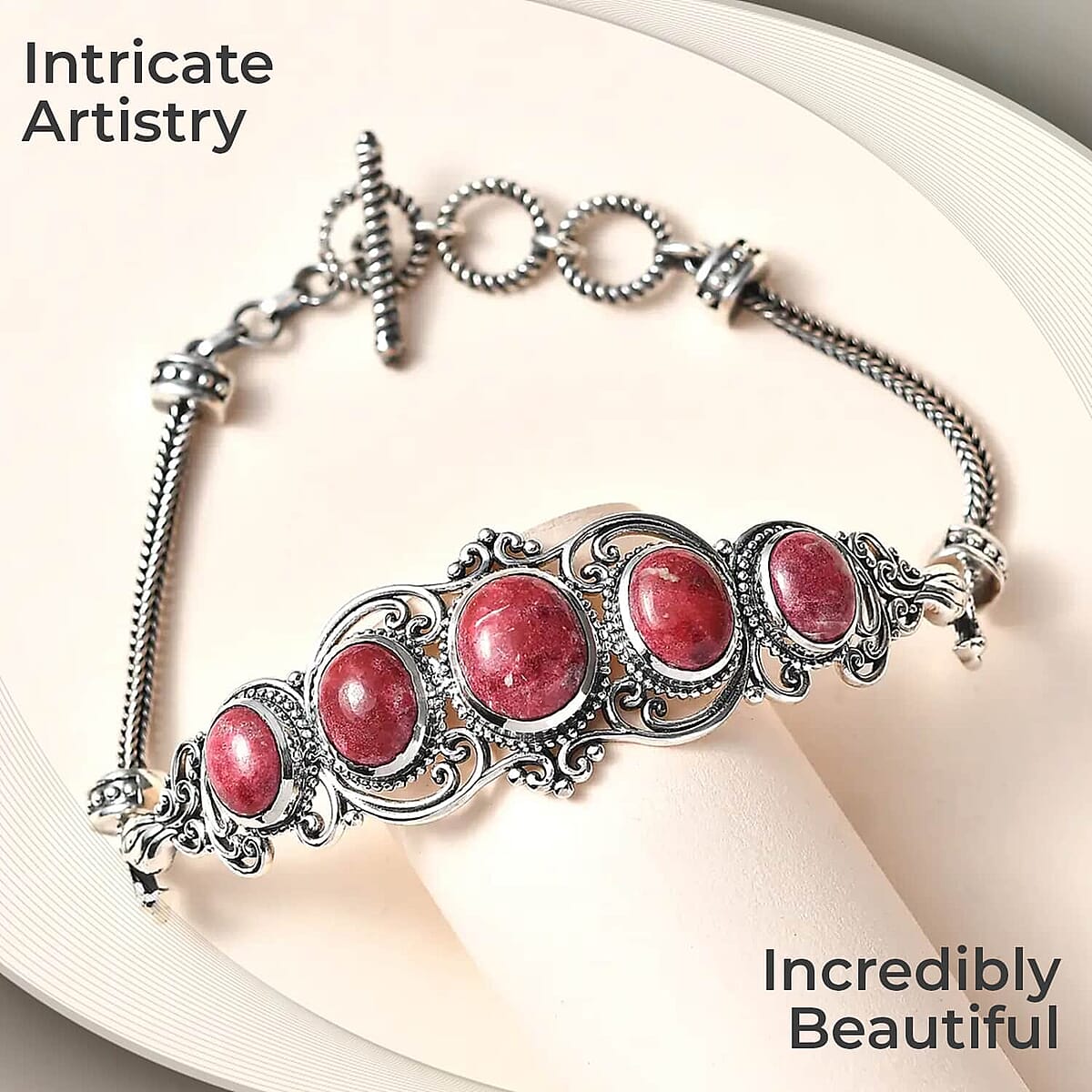 Norwegian Thulite Bracelet, Sterling Silver Bracelet, Five Stone Bracelet, Filigree Bracelet (7.25 In) 17.35 ctw image number 1