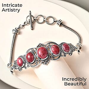 Norwegian Thulite Bracelet, Sterling Silver Bracelet, Five Stone Bracelet, Filigree Bracelet (7.25 In) 17.35 ctw
