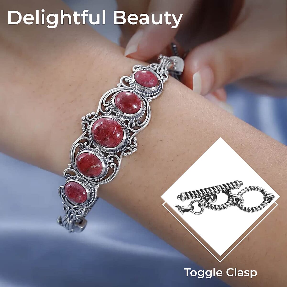 Norwegian Thulite Bracelet, Sterling Silver Bracelet, Five Stone Bracelet, Filigree Bracelet (7.25 In) 17.35 ctw image number 2