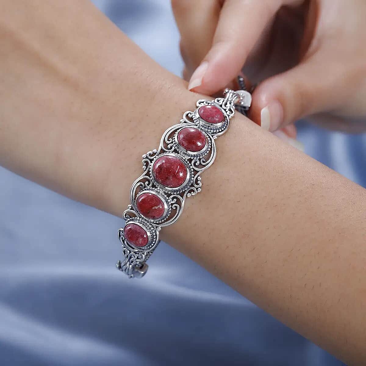 Norwegian Thulite Bracelet, Sterling Silver Bracelet, Five Stone Bracelet, Filigree Bracelet (7.25 In) 17.35 ctw image number 5