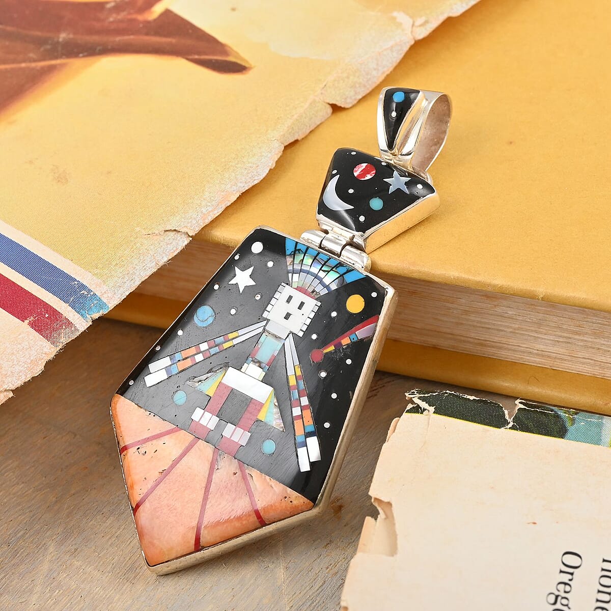 Santa Fe Style Multi Gemstone Southwestern Kachina with Night Sky Pendant in Sterling Silver 44.00 ctw image number 1