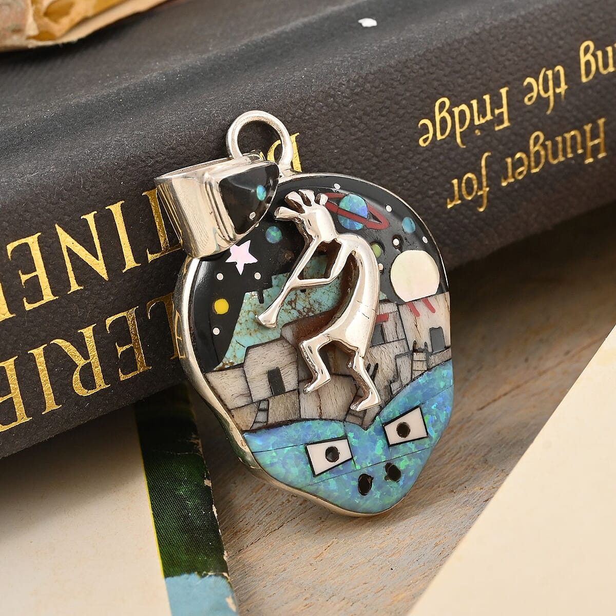 Santa Fe Style Multi Gemstone Old Pueblo Night Sky Stars Saturn Pendant in Sterling Silver 20.00 ctw image number 1