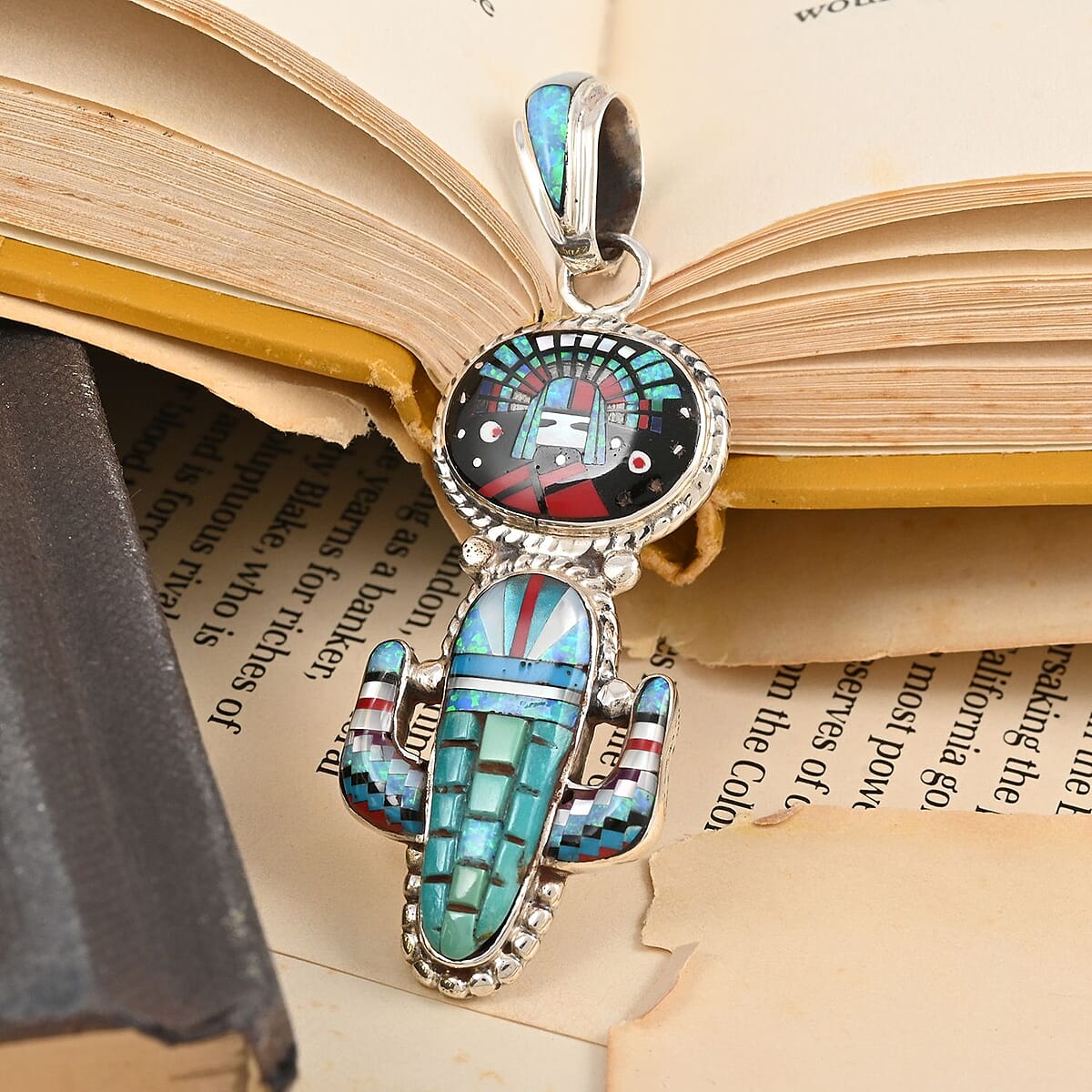 Santa Fe Style Multi Gemstone Saguaro Cactus and Oval Inlay Pendant in Sterling Silver 25.00 ctw image number 1