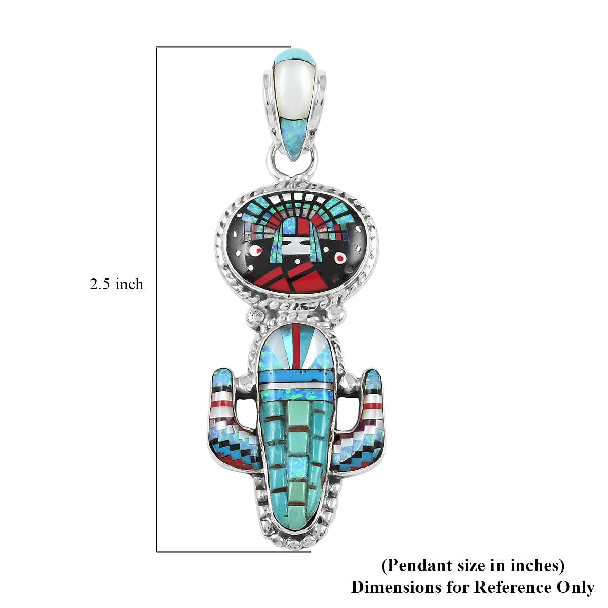Santa Fe Style Multi Gemstone Saguaro Cactus and Oval Inlay Pendant in Sterling Silver 25.00 ctw image number 4