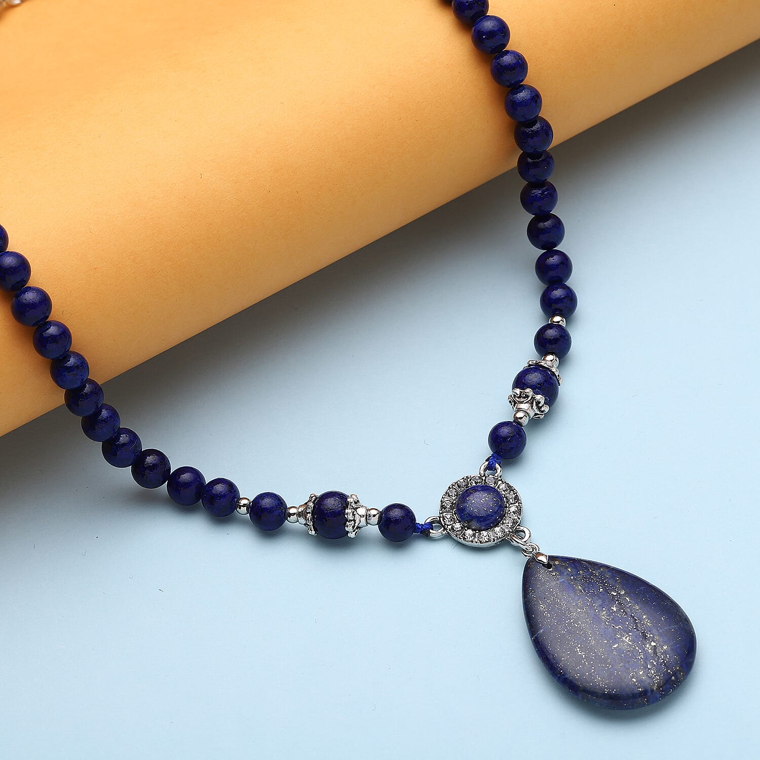 Lapis Lazuli and Austrian Crystal 167.00 ctw Beaded Necklace in Silvertone 18-20 Inches
