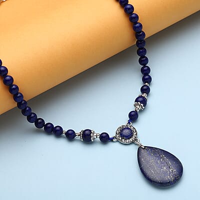 Lapis Lazuli and Austrian Crystal 167.00 ctw Beaded Necklace in Silvertone 18-20 Inches