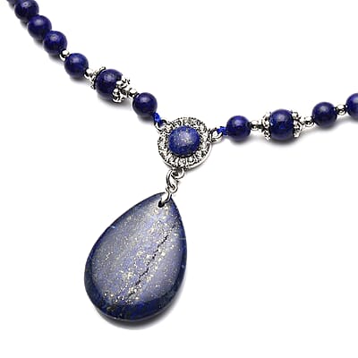 Lapis Lazuli and Austrian Crystal 167.00 ctw Beaded Necklace in Silvertone 18-20 Inches