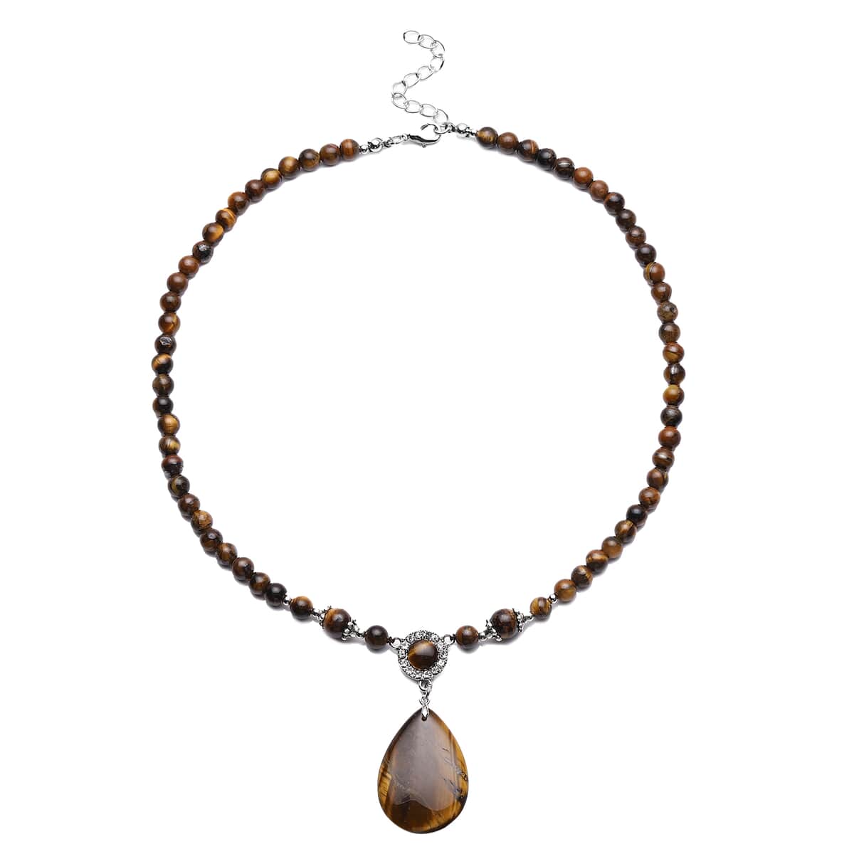 Tiger's Eye and Austrian Crystal Beaded Necklace 18-20 Inches in Silvertone 165.00 ctw image number 0