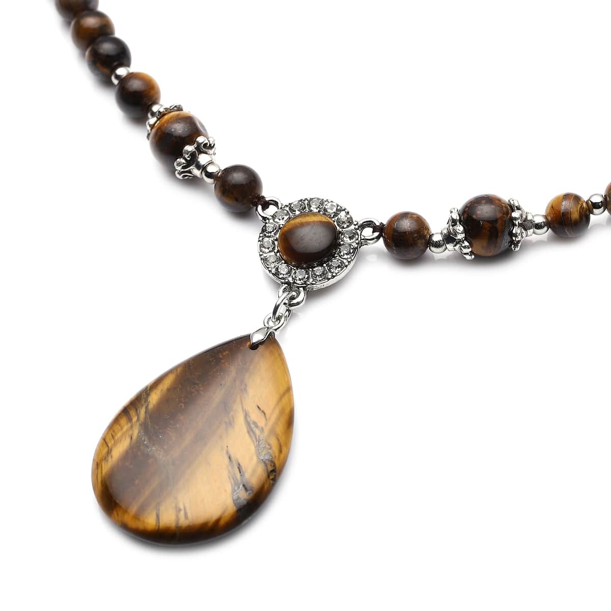 Tiger's Eye and Austrian Crystal Beaded Necklace 18-20 Inches in Silvertone 165.00 ctw image number 2