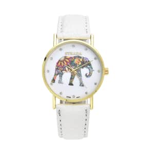 Strada Austrian Crystal Japanese Movement Elephant Watch with White Faux Leather Strap (6.50-8.00 Inches) 0.20 ctw