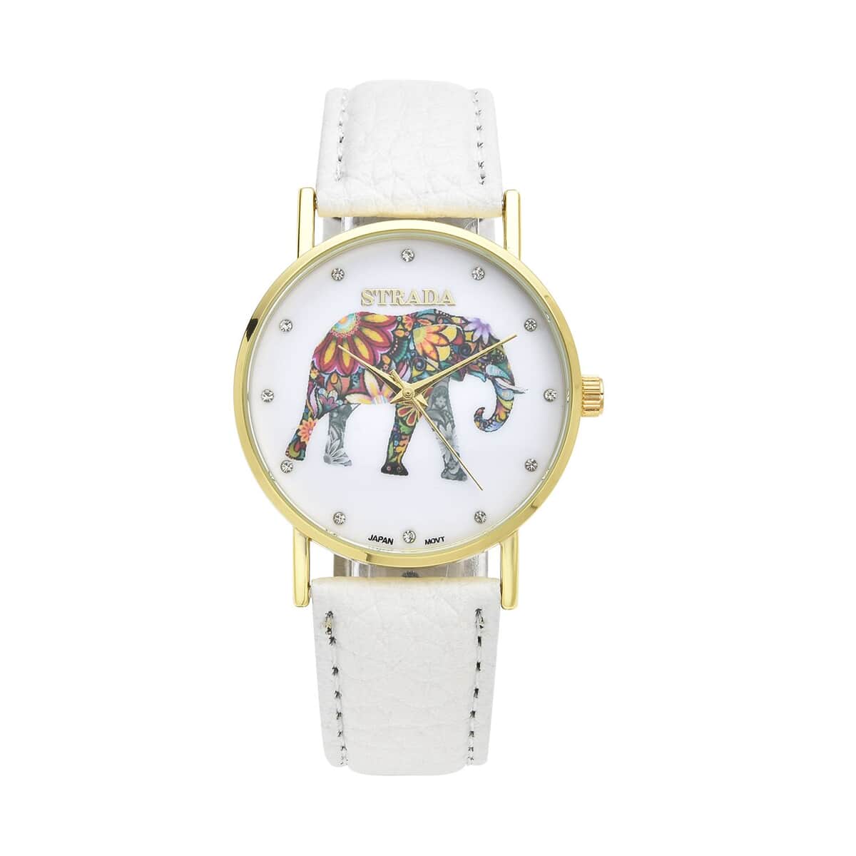Strada Austrian Crystal Japanese Movement Elephant Watch with White Faux Leather Strap (6.50-8.00 Inches) 0.20 ctw image number 0