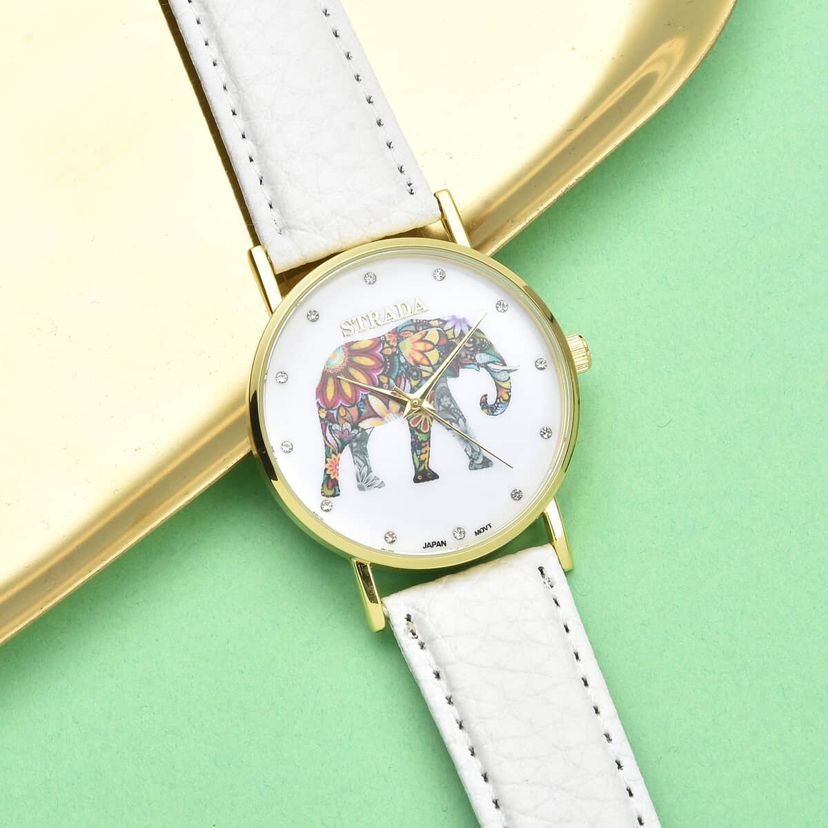 Strada Austrian Crystal Japanese Movement Elephant Watch with White Faux Leather Strap (6.50-8.00 Inches) 0.20 ctw image number 1