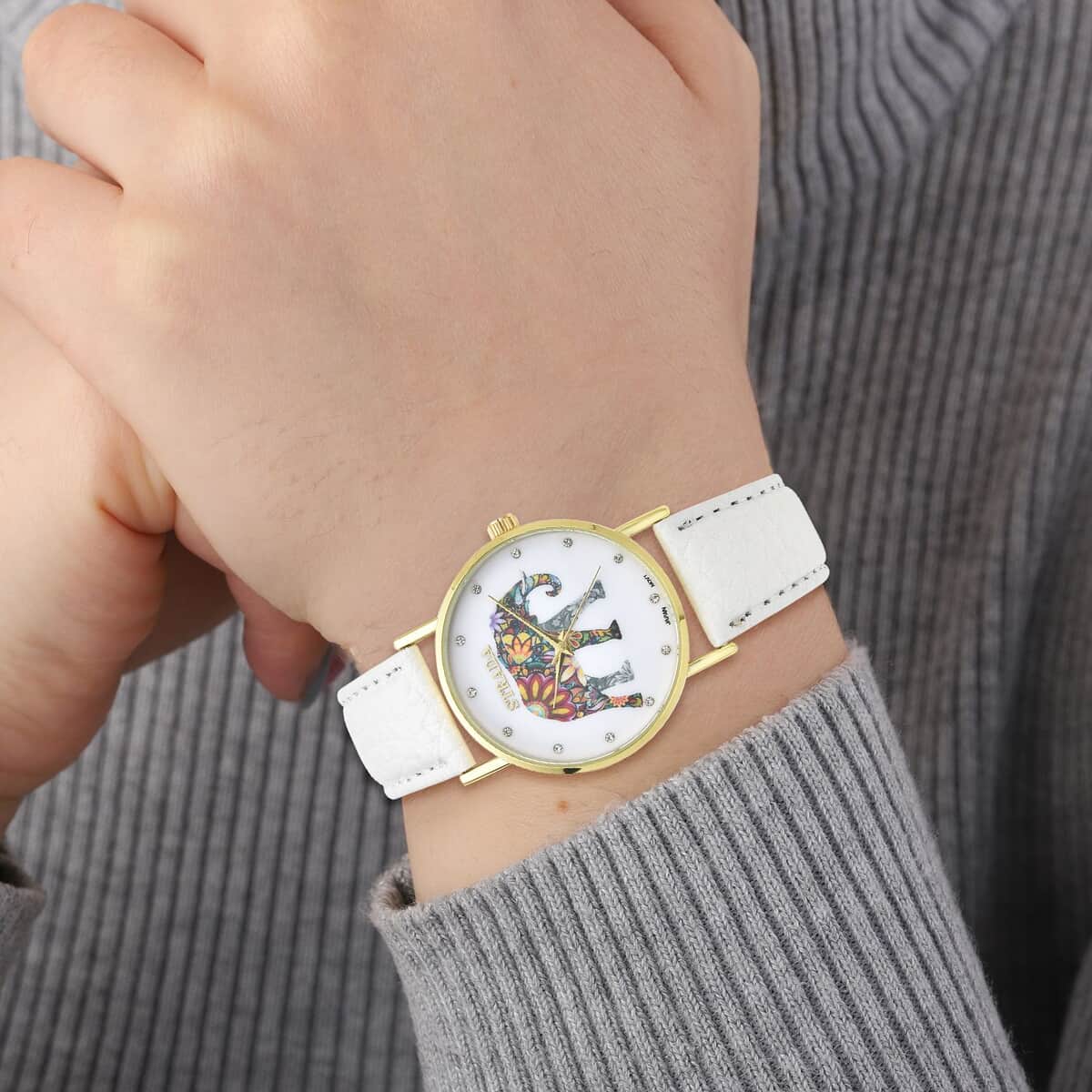 Strada Austrian Crystal Japanese Movement Elephant Watch with White Faux Leather Strap (6.50-8.00 Inches) 0.20 ctw image number 2