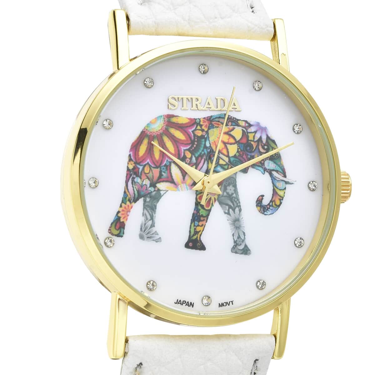 Strada Austrian Crystal Japanese Movement Elephant Watch with White Faux Leather Strap (6.50-8.00 Inches) 0.20 ctw image number 3