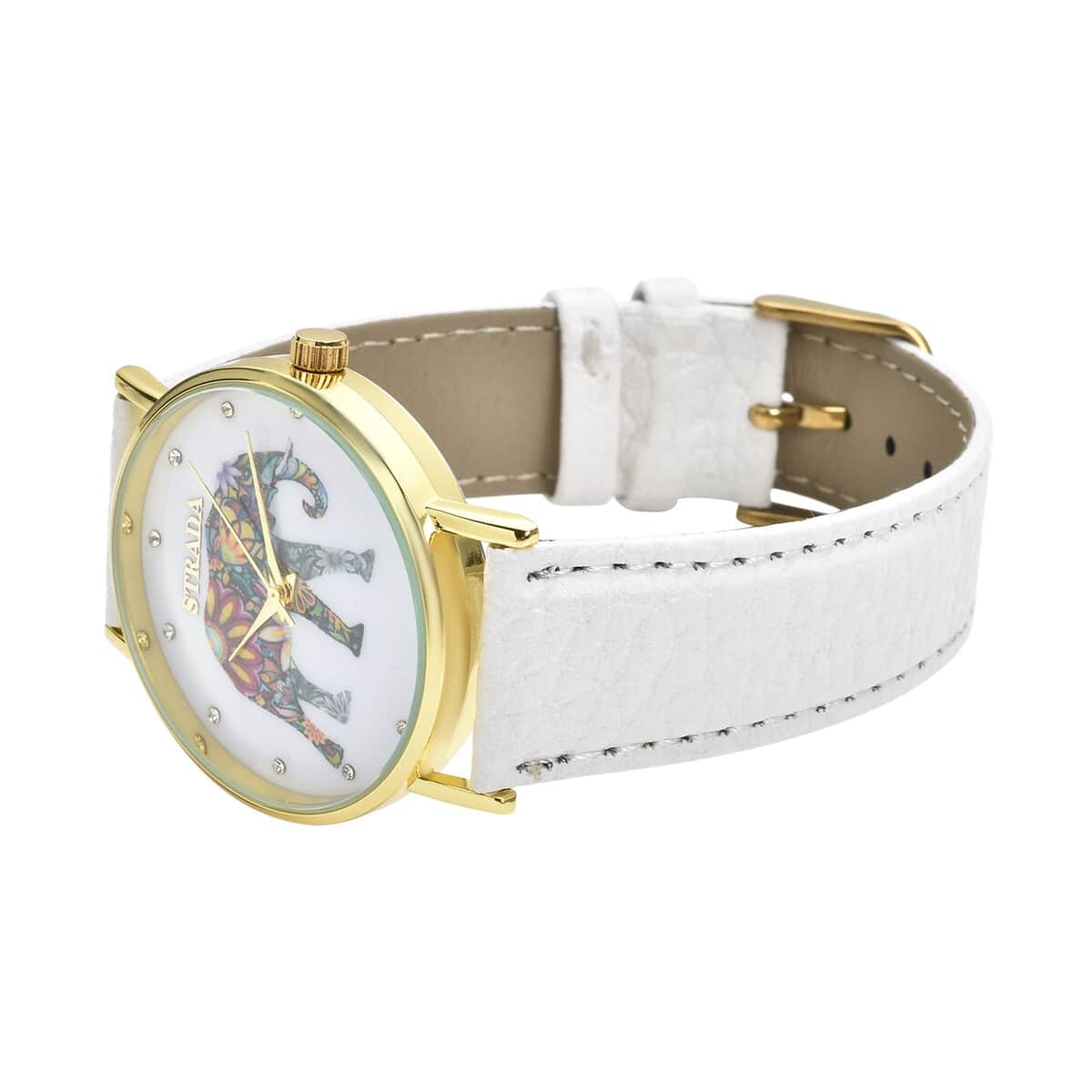 Strada Austrian Crystal Japanese Movement Elephant Watch with White Faux Leather Strap (6.50-8.00 Inches) 0.20 ctw image number 4
