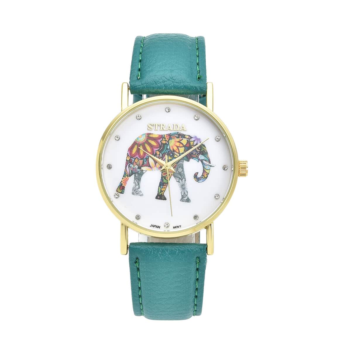 Strada Austrian Crystal Japanese Movement Elephant Watch with Green Faux Leather Strap (6.50-8.00 Inches) image number 0