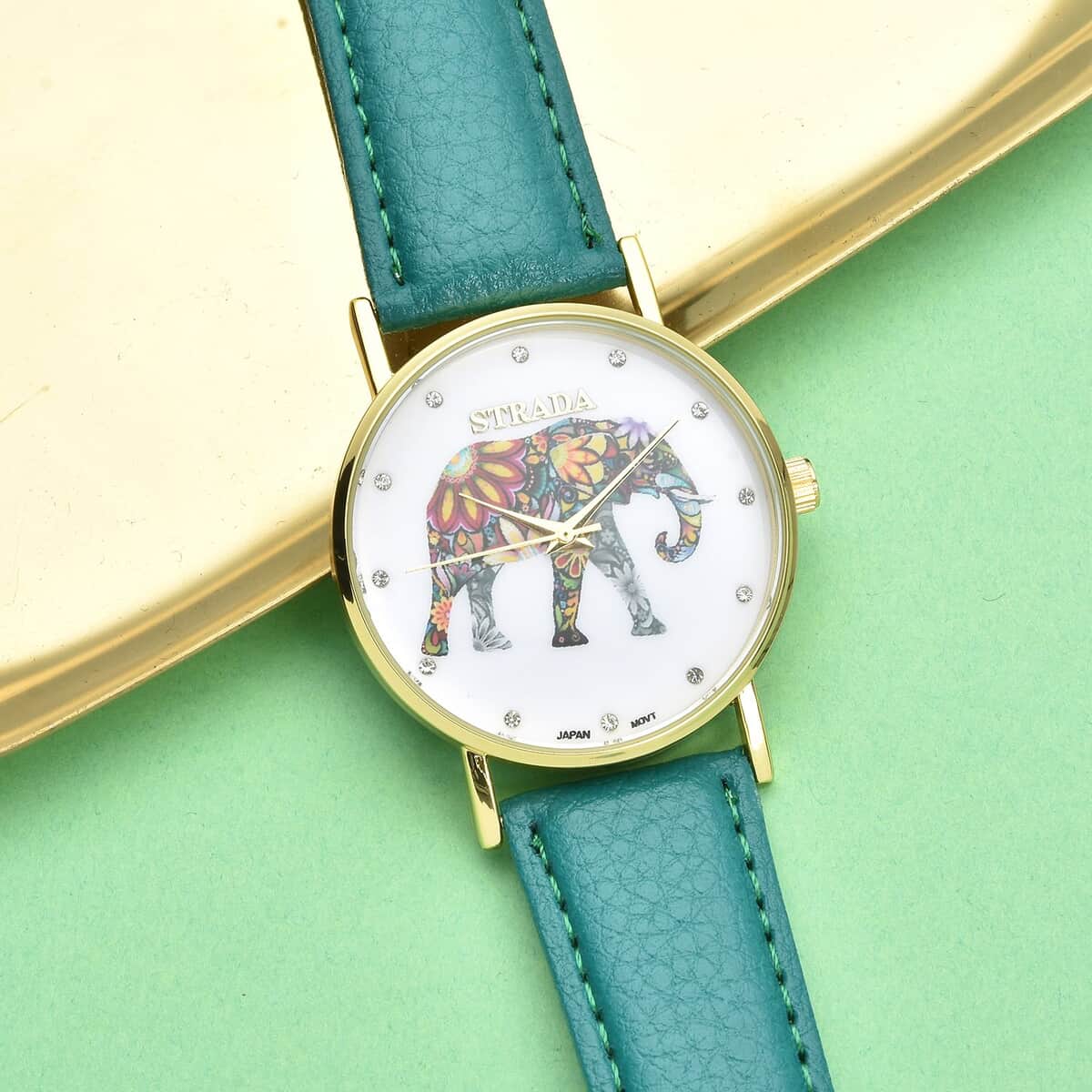 Strada Austrian Crystal Japanese Movement Elephant Watch with Green Faux Leather Strap (6.50-8.00 Inches) image number 1