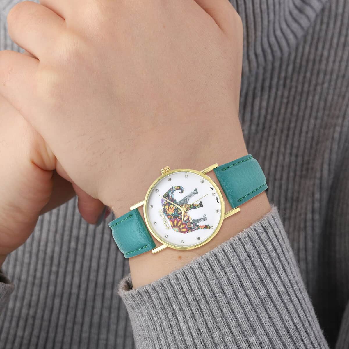 Strada Austrian Crystal Japanese Movement Elephant Watch with Green Faux Leather Strap (6.50-8.00 Inches) image number 2