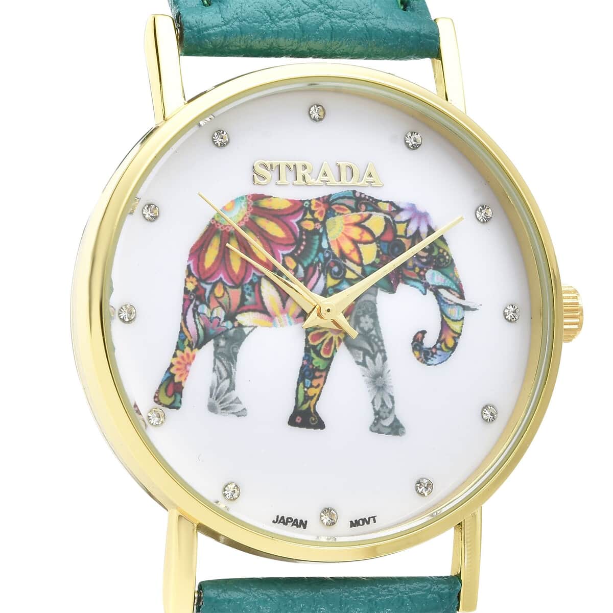 Strada Austrian Crystal Japanese Movement Elephant Watch with Green Faux Leather Strap (6.50-8.00 Inches) image number 3