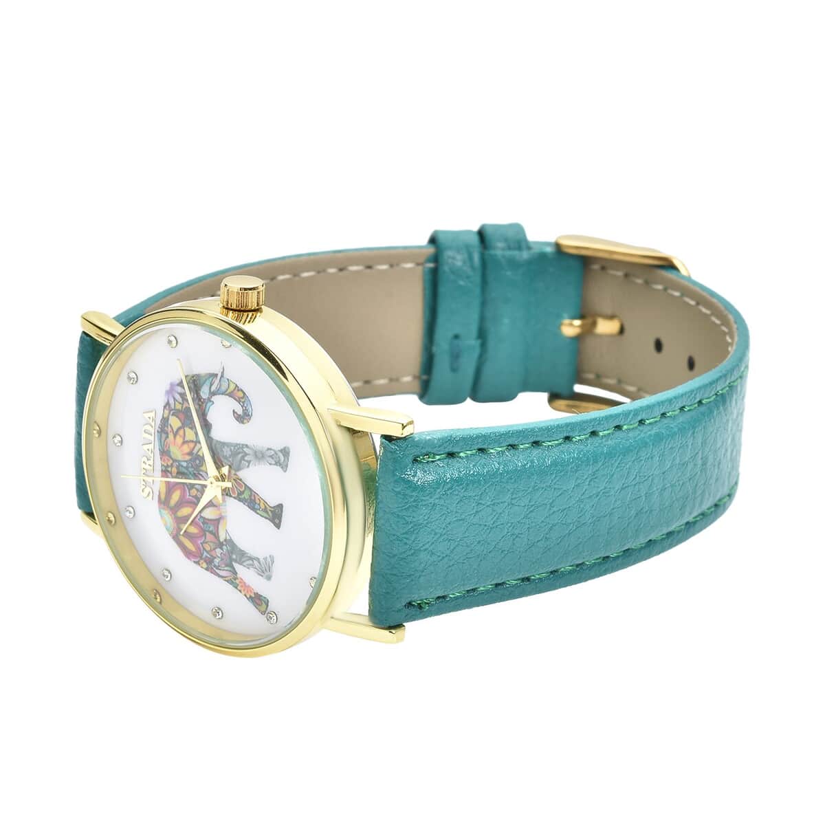 Strada Austrian Crystal Japanese Movement Elephant Watch with Green Faux Leather Strap (6.50-8.00 Inches) image number 4