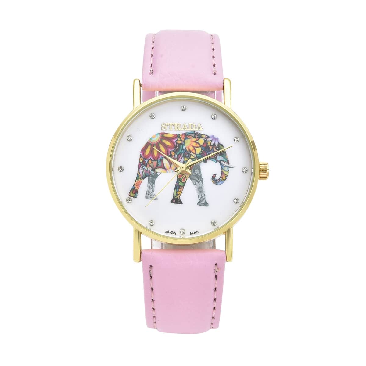 Strada Austrian Crystal Japanese Movement Elephant Watch with Pink Faux Leather Strap (6.50-8.00 Inches) image number 0