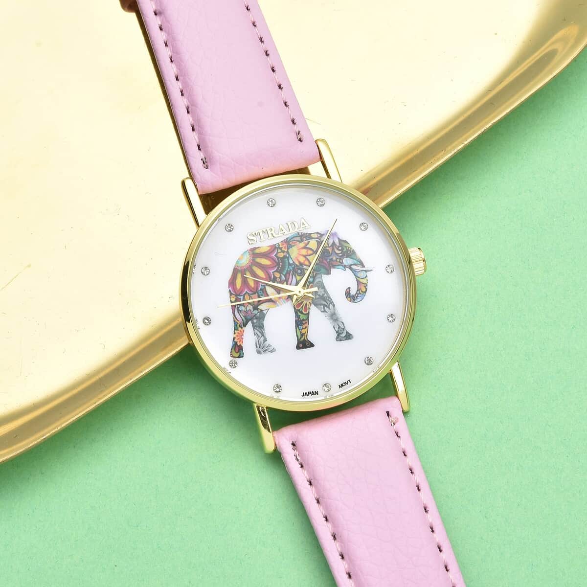 Strada Austrian Crystal Japanese Movement Elephant Watch with Pink Faux Leather Strap (6.50-8.00 Inches) image number 1