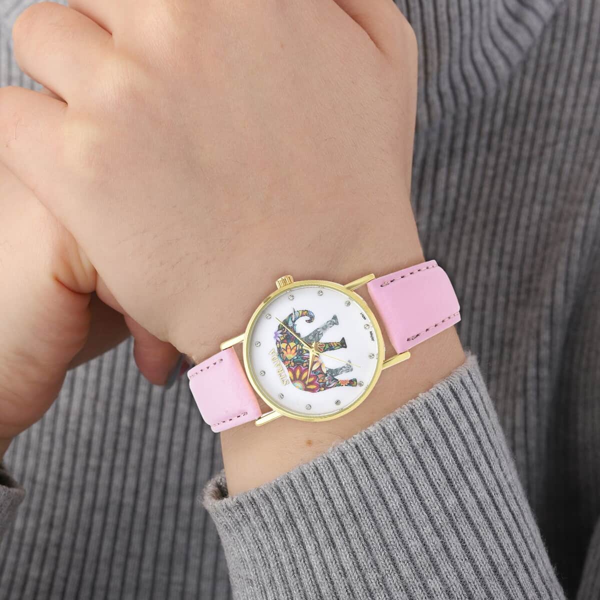 Strada Austrian Crystal Japanese Movement Elephant Watch with Pink Faux Leather Strap (6.50-8.00 Inches) image number 2