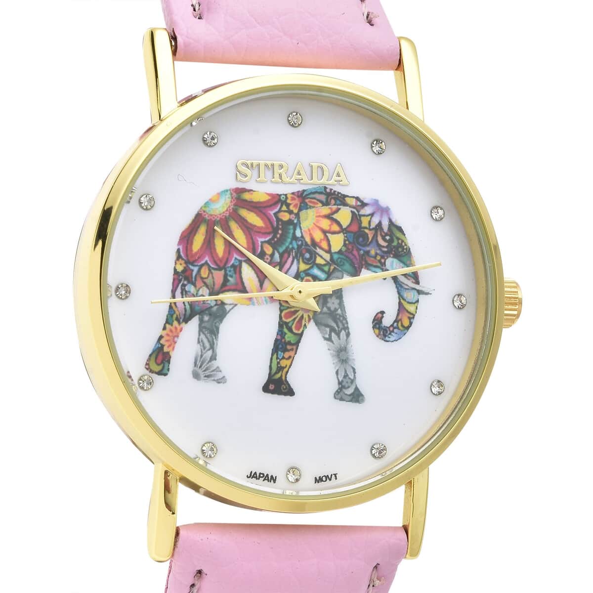 Strada Austrian Crystal Japanese Movement Elephant Watch with Pink Faux Leather Strap (6.50-8.00 Inches) image number 3