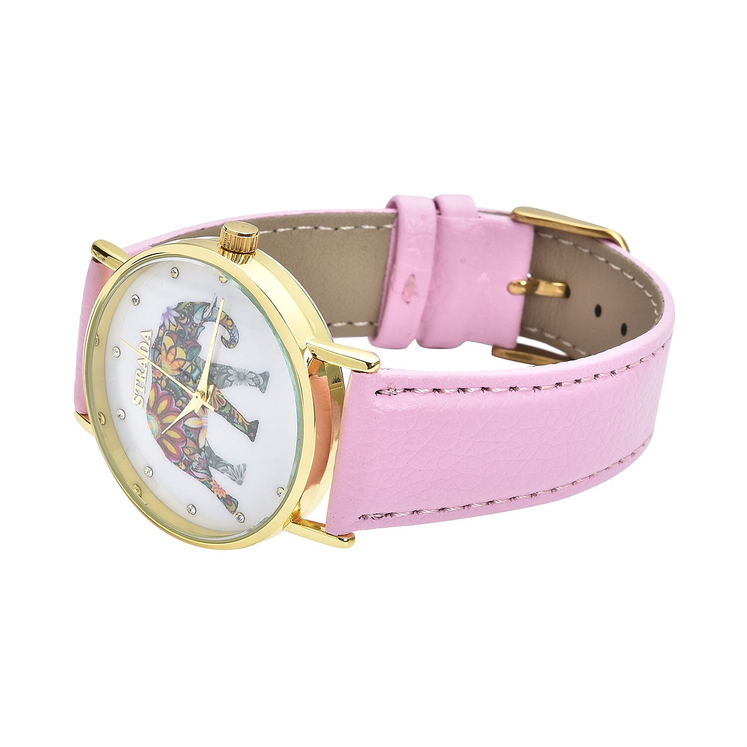 STRADA Austrian Crystal Japanese Movement Elephant Watch with White Faux Leather Strap (6.50-8.00 Inches) 0.20 ctw