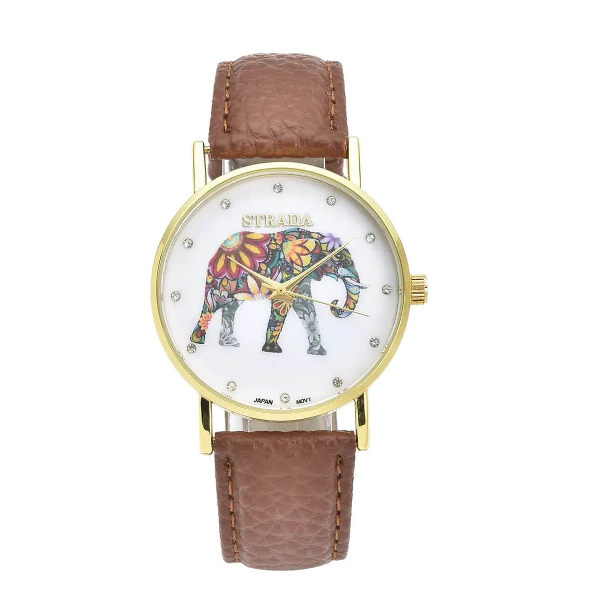 Strada Austrian Crystal Japanese Movement Elephant Watch with Brown Faux Leather Strap (6.50-8.00 Inches) image number 0