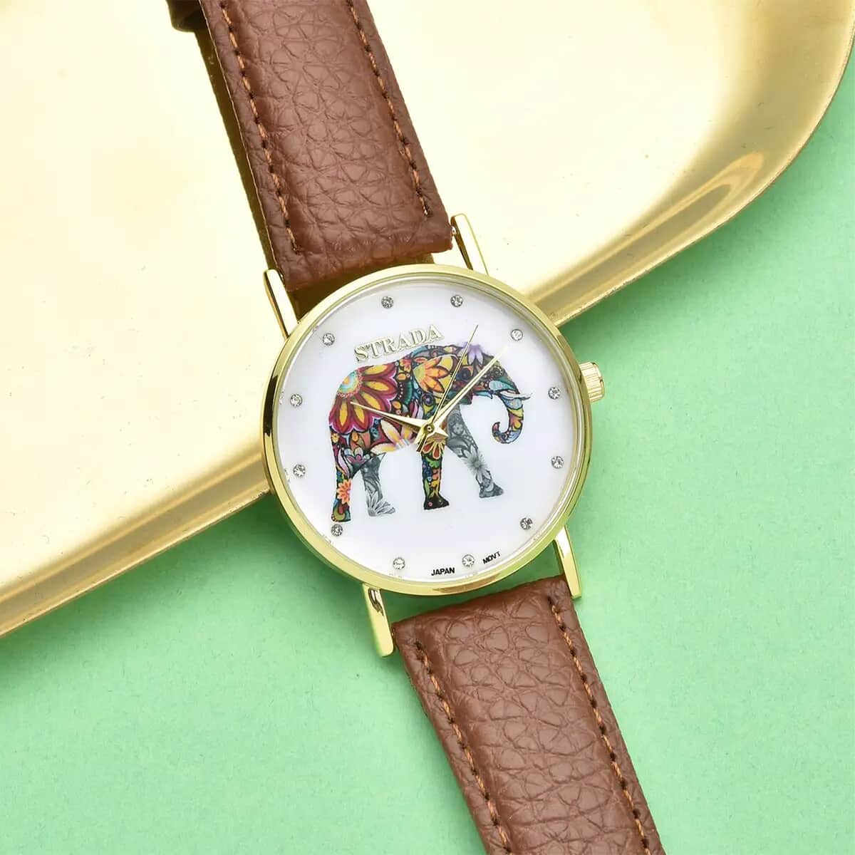 Strada Austrian Crystal Japanese Movement Elephant Watch with Brown Faux Leather Strap (6.50-8.00 Inches) image number 1