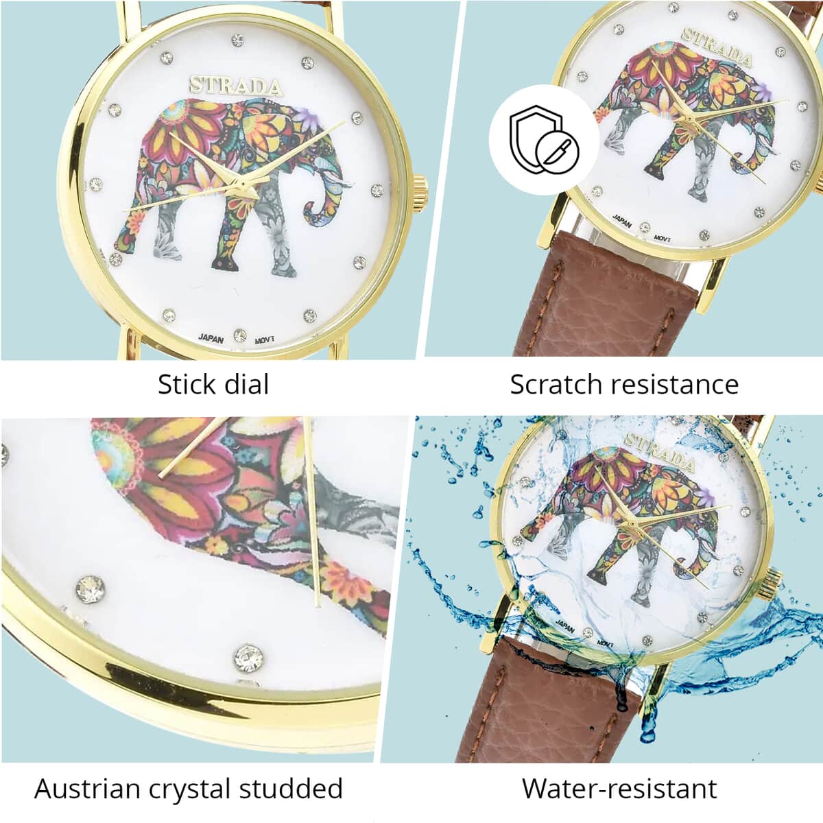 Strada Austrian Crystal Japanese Movement Elephant Watch with Brown Faux Leather Strap (6.50-8.00 Inches) image number 2