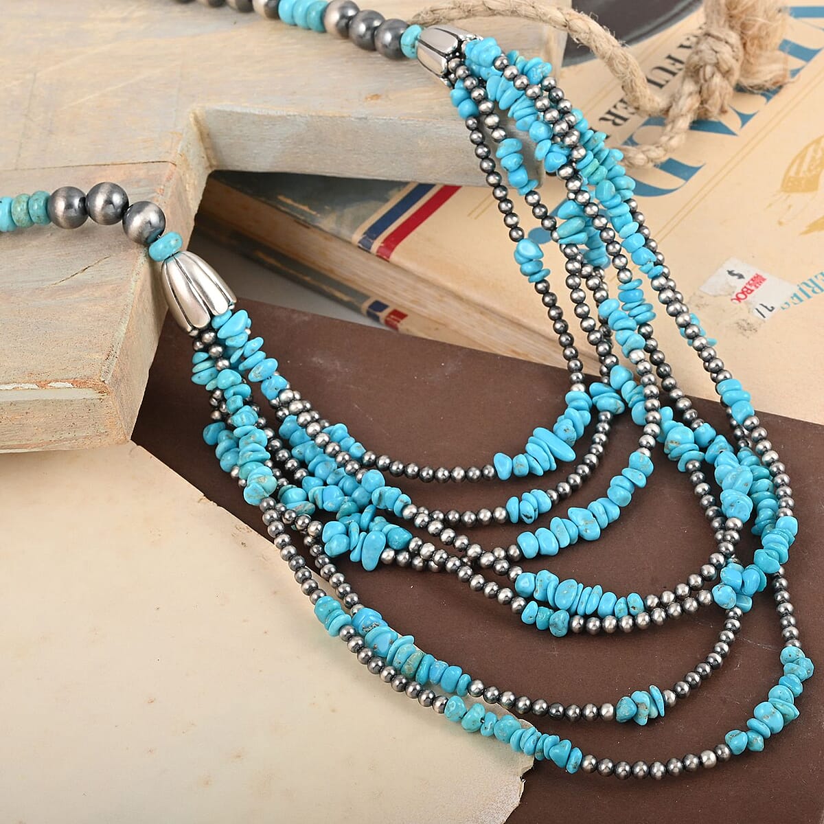 Santa Fe Style Kingman Turquoise Necklace 15 Inches in Sterling Silver 44.35 ctw image number 1