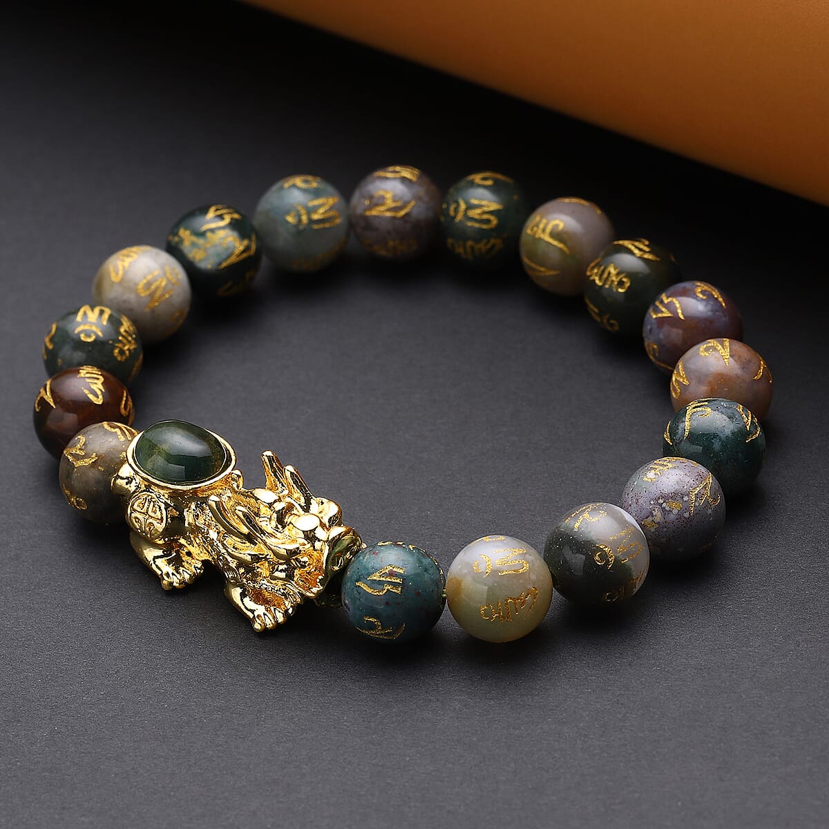 Feng Shui Indian Agate Beaded with Pi Xiu Charm Stretch Bracelet in Goldtone 128.00 ctw image number 1