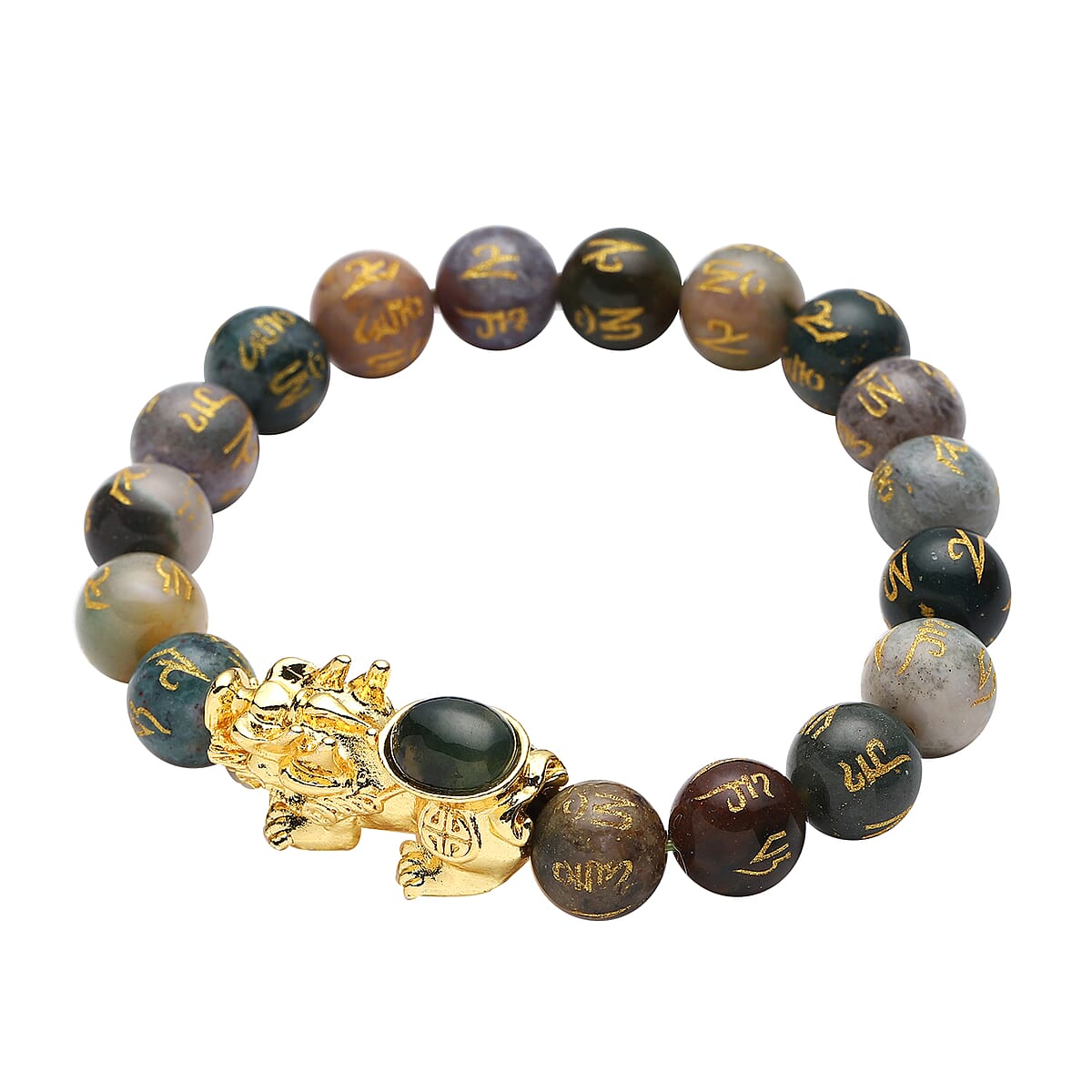 Feng Shui Indian Agate Beaded with Pi Xiu Charm Stretch Bracelet in Goldtone 128.00 ctw image number 2