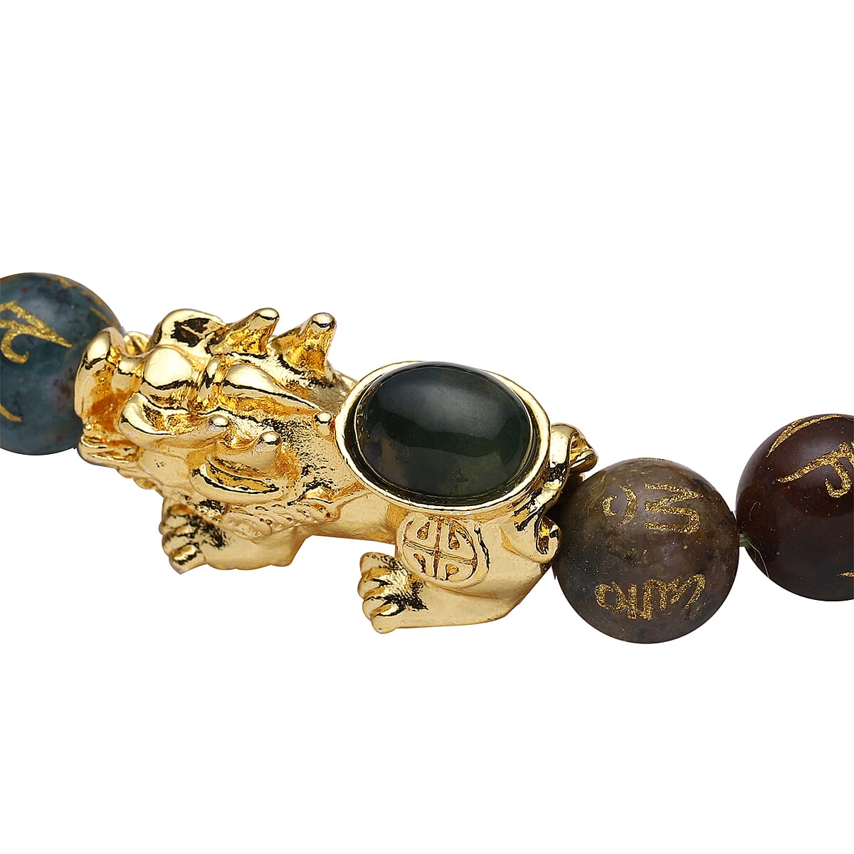 Feng Shui Indian Agate Beaded with Pi Xiu Charm Stretch Bracelet in Goldtone 128.00 ctw image number 3