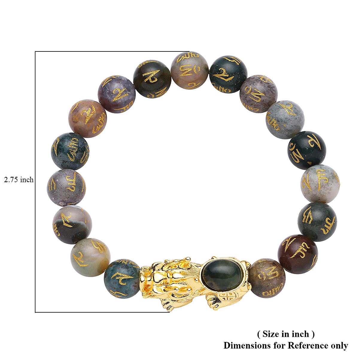Feng Shui Indian Agate Beaded with Pi Xiu Charm Stretch Bracelet in Goldtone 128.00 ctw image number 4