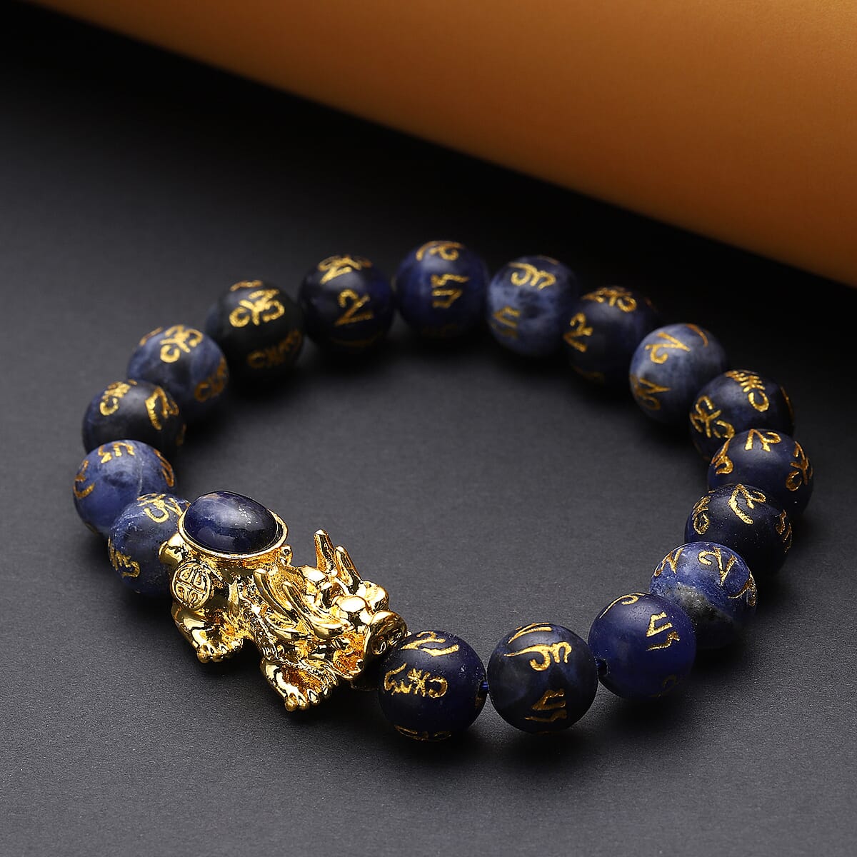 Feng Shui Sodalite Beaded with Pi Xiu Charm Stretch Bracelet in Goldtone 118.50 ctw image number 1