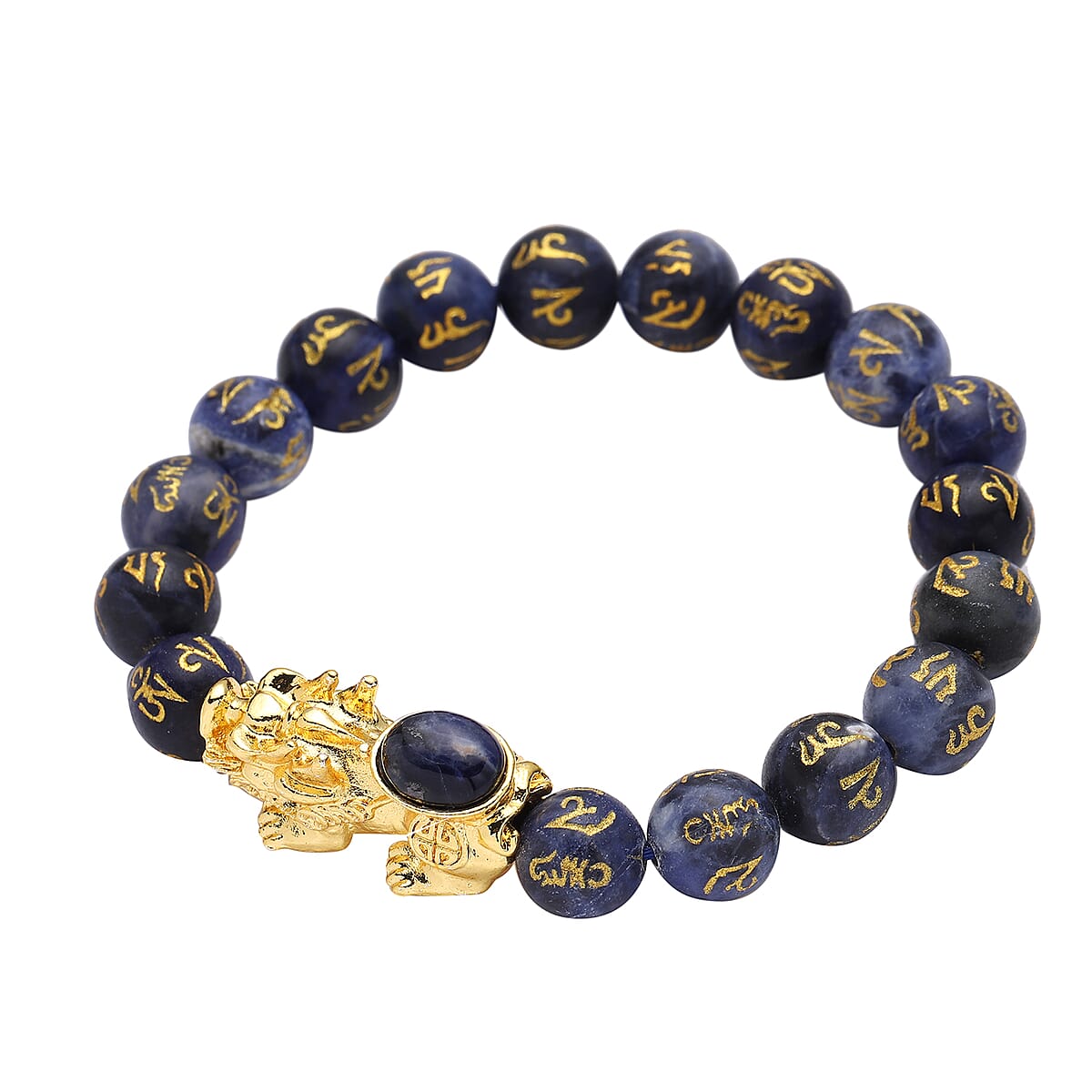 Feng Shui Sodalite Beaded with Pi Xiu Charm Stretch Bracelet in Goldtone 118.50 ctw image number 2