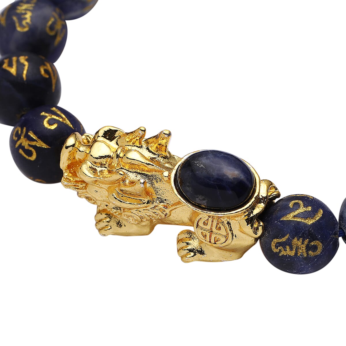 Feng Shui Sodalite Beaded with Pi Xiu Charm Stretch Bracelet in Goldtone 118.50 ctw image number 3
