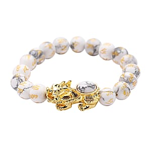 Feng Shui White Howlite Beaded with Pi Xiu Charm Stretch Bracelet in Goldtone 132.00 ctw