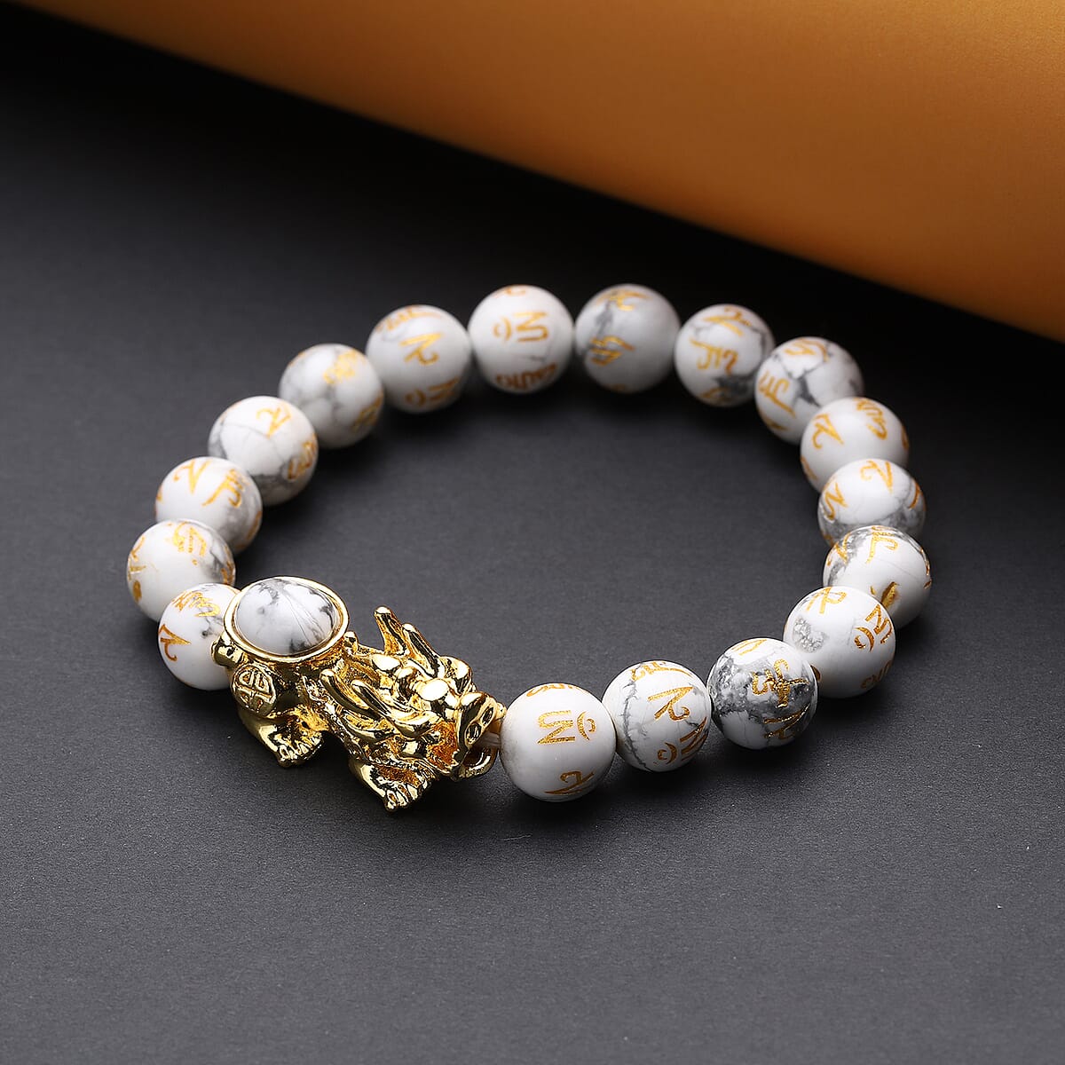 Feng Shui White Howlite Beaded with Pi Xiu Charm Stretch Bracelet in Goldtone 132.00 ctw image number 1