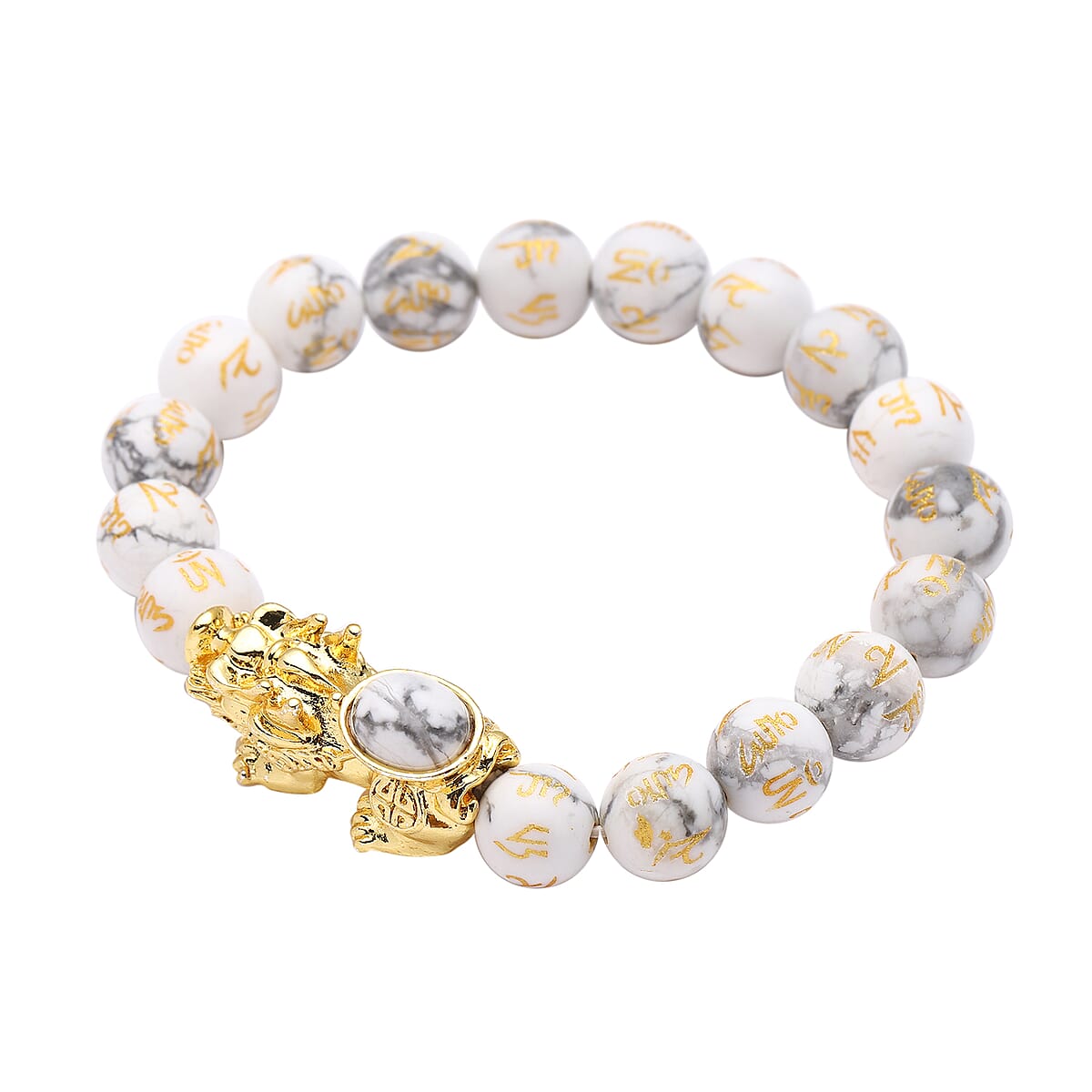 Feng Shui White Howlite Beaded with Pi Xiu Charm Stretch Bracelet in Goldtone 132.00 ctw image number 2