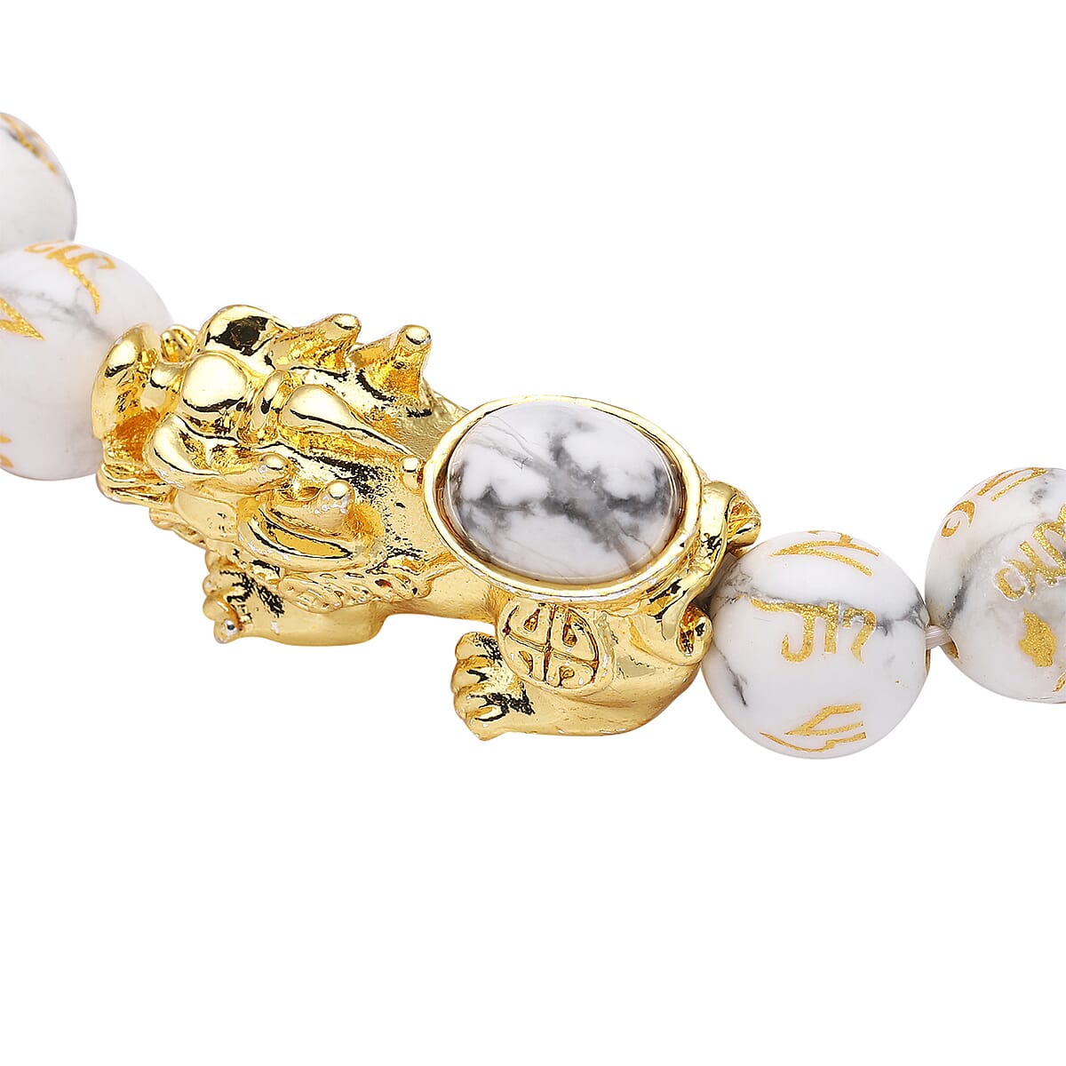 Feng Shui White Howlite Beaded with Pi Xiu Charm Stretch Bracelet in Goldtone 132.00 ctw image number 3