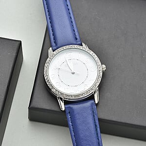 Strada Austrian Crystal Japanese Movement Watch with Blue Faux Leather Strap (25.40 mm) (5.50-7.25 Inches)