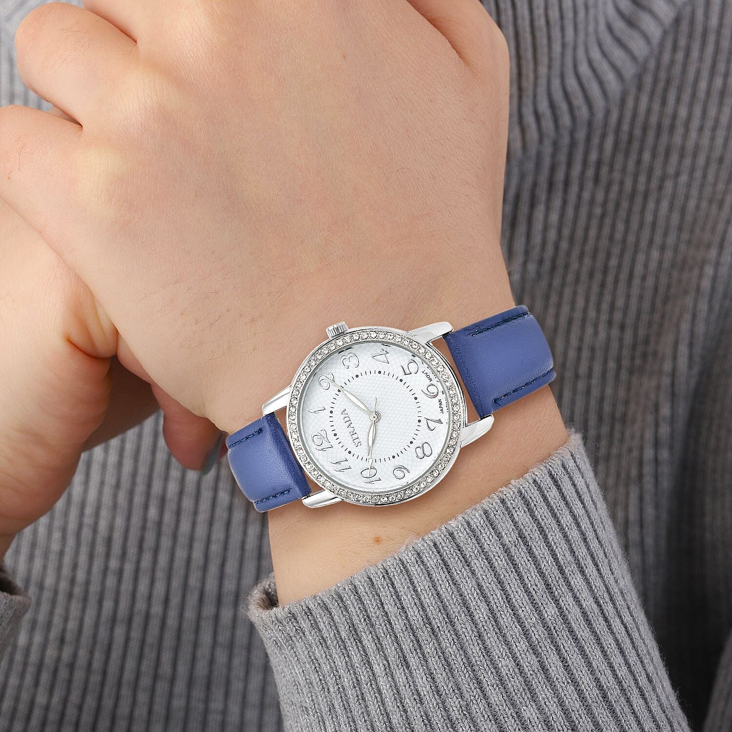 Strada Austrian Crystal Japanese Movement Watch with Blue Faux Leather Strap (25.40 mm) (5.50-7.25 Inches)