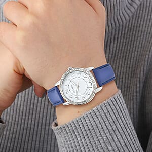 Strada Austrian Crystal Japanese Movement Watch with Blue Faux Leather Strap (25.40 mm) (5.50-7.25 Inches)