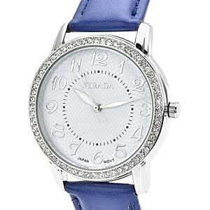 Strada Austrian Crystal Japanese Movement Watch with Blue Faux Leather Strap (25.40 mm) (5.50-7.25 Inches)