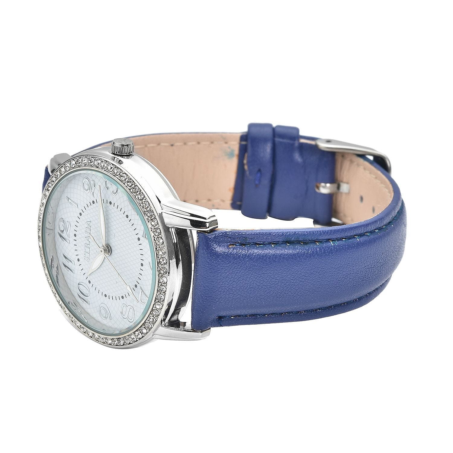 Strada Austrian Crystal Japanese Movement Watch with Blue Faux Leather Strap (25.40 mm) (5.50-7.25 Inches)